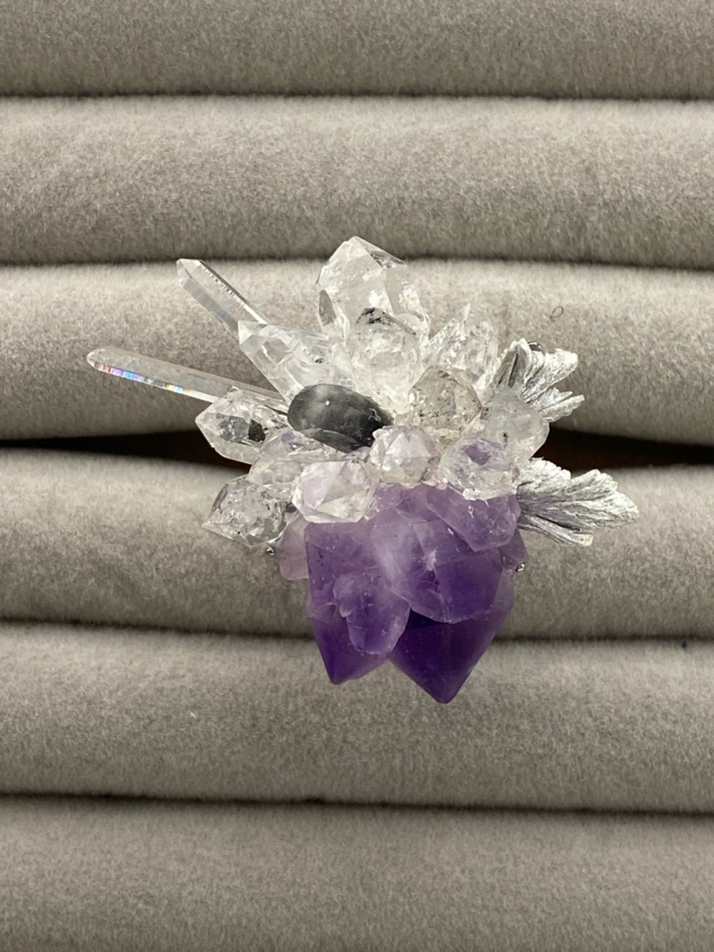 Fluorite & Herkimer Diamond Crystal Cluster Ring | Raw Quartz Statement Ring